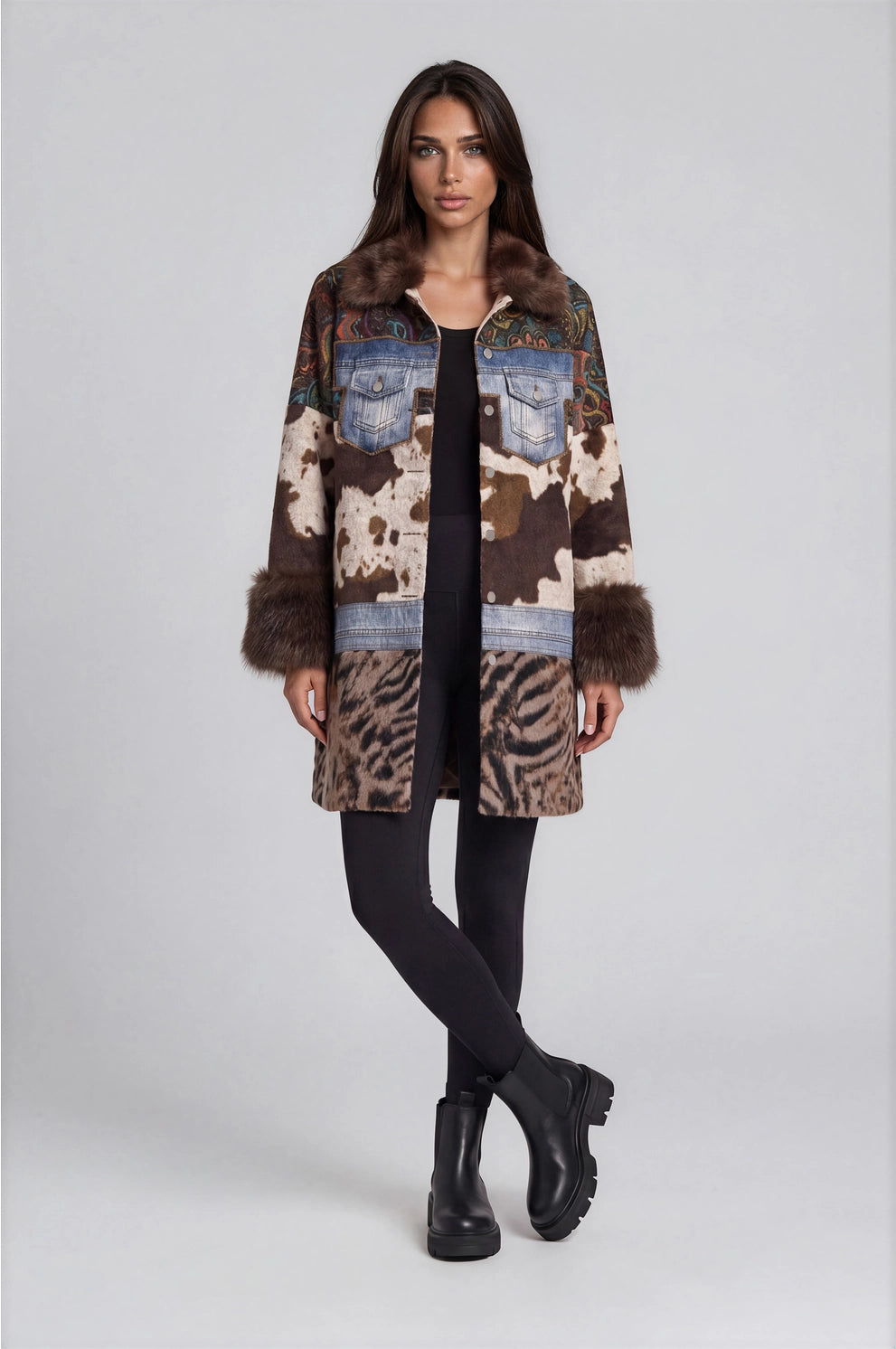 ADORE Style 2643 Mixed Media Faux Fur Trim Coat