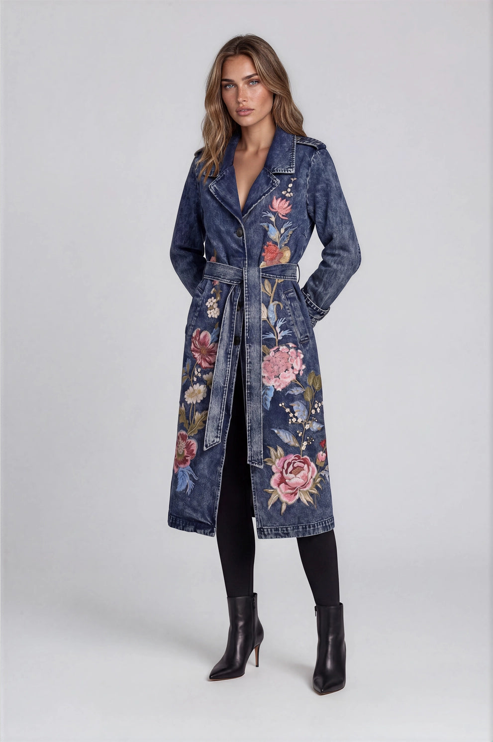 ADORE Style 2702 Embroidered Denim Trench Coat