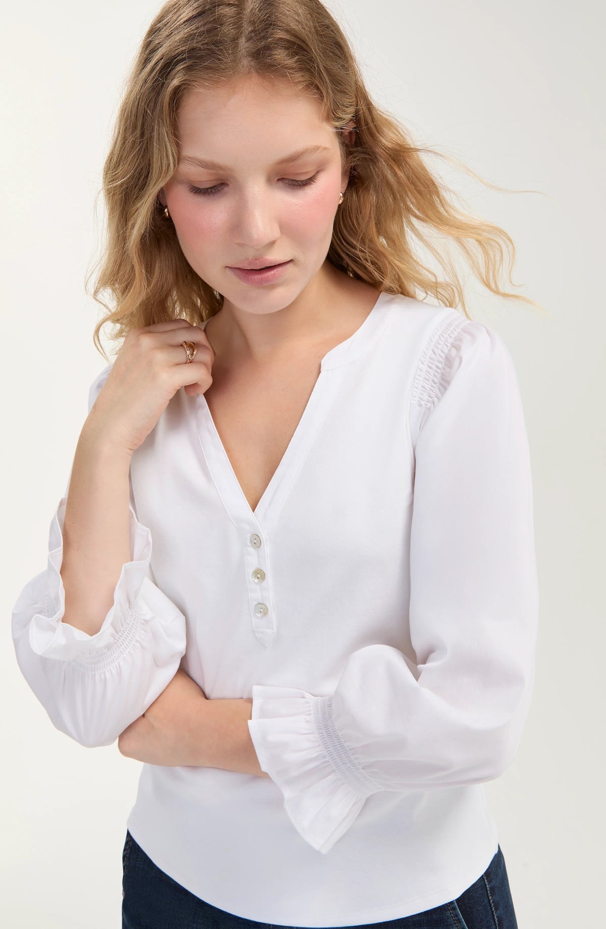Liverpool Style LP8L90K99 Split Neck Knit-to-Woven Blouse