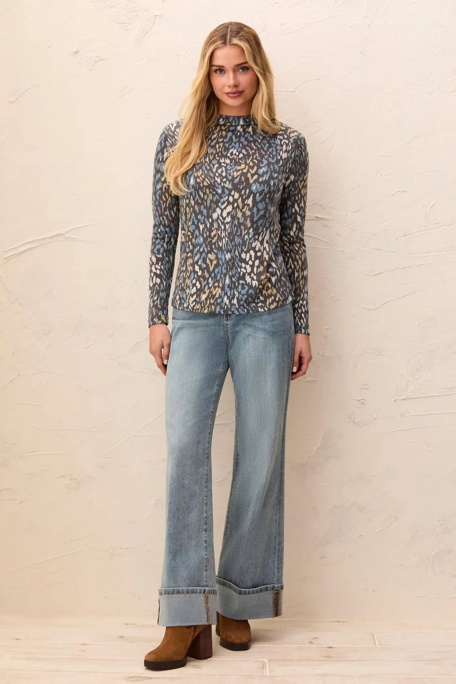 Tribal Style 6275O Funnel Neck Top - Satin Sky