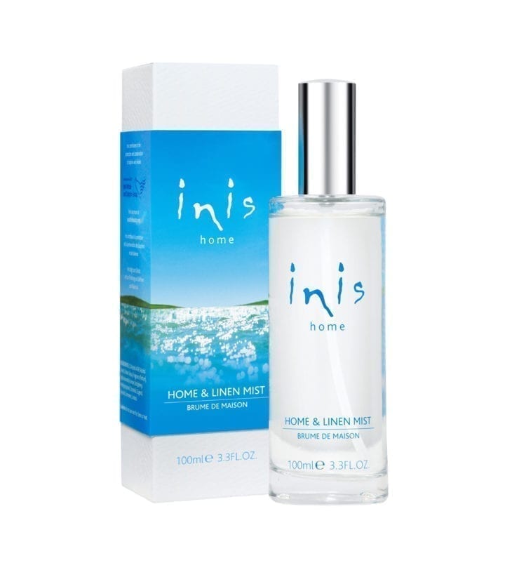 Inis Home & Linen Mist bottle and packaging on a white background